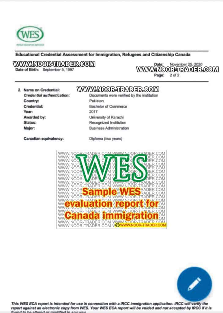 Sample WES evaluation report for Canada immigration
